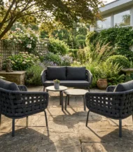 Outdoor set: 1 sofa, 2 chairs, and 2 tables