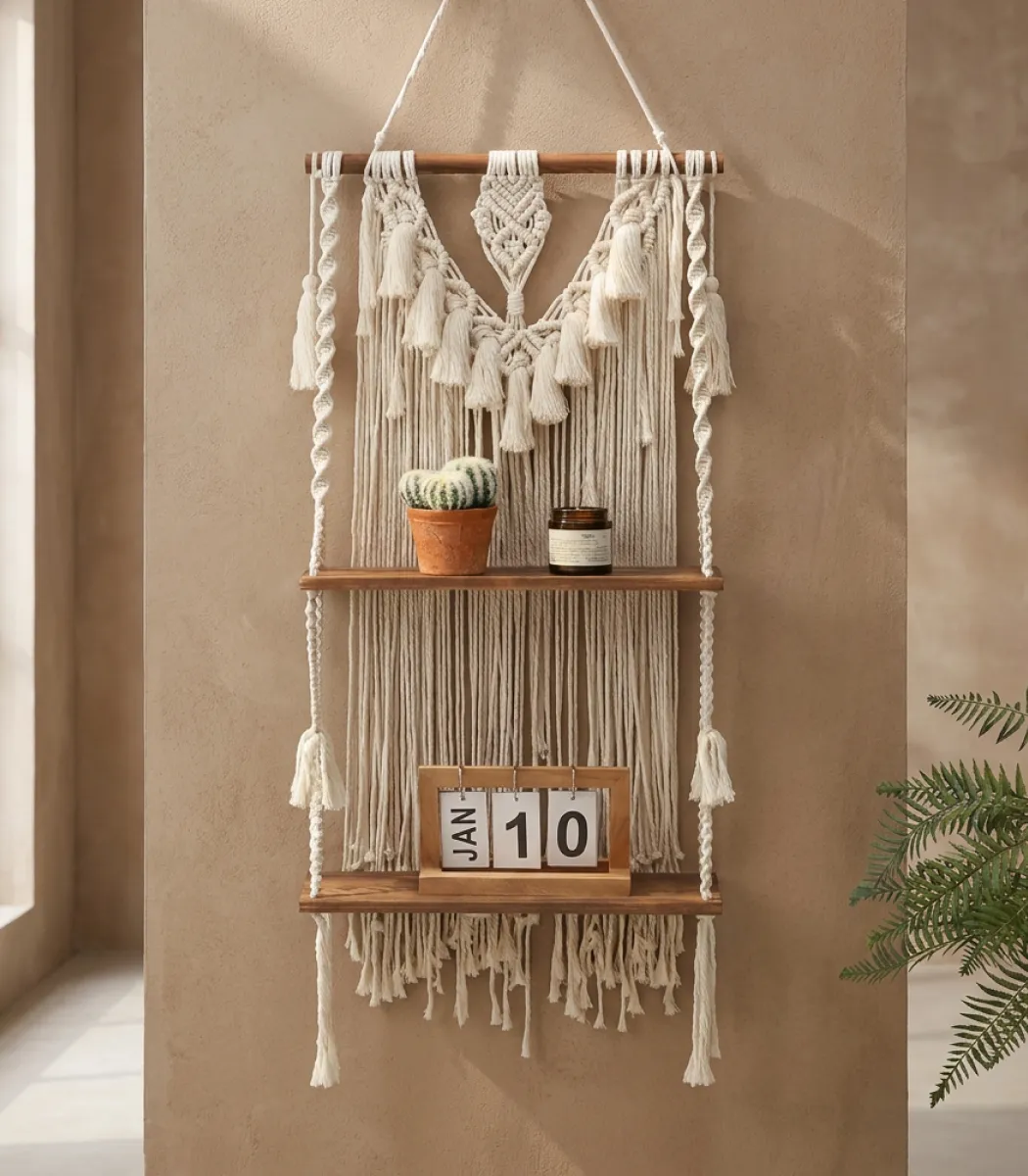 Macrame Shelf 2 levels-01-IBTAMS2W40X35167 Macrame Shelf 2 levels - Image 1