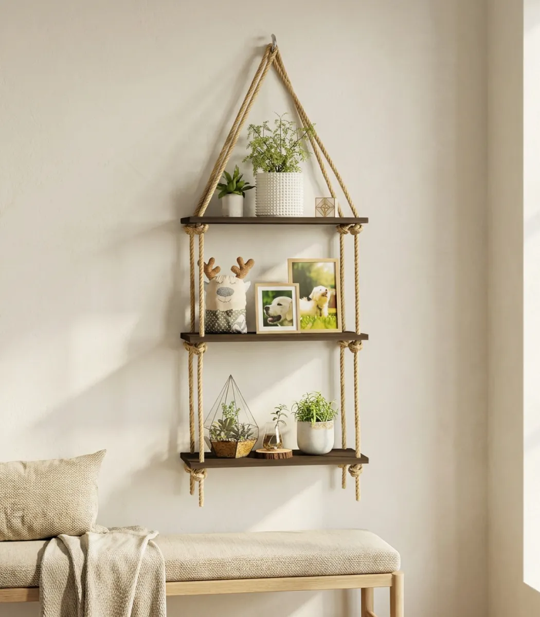 Macrame Shelf 3 levels-01-IBTAMS3BR45X40165 Macrame Shelf 3 levels - Image 1